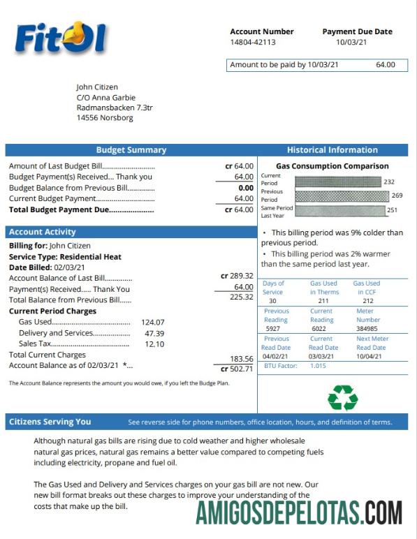imprimível Modelo de fatura de serviços públicos de gás Fitol da Suécia em formato Word e PDF